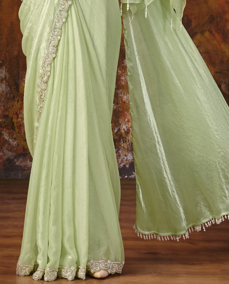 27117 - Pista Green Embroidered Wedding Party Designer Saree